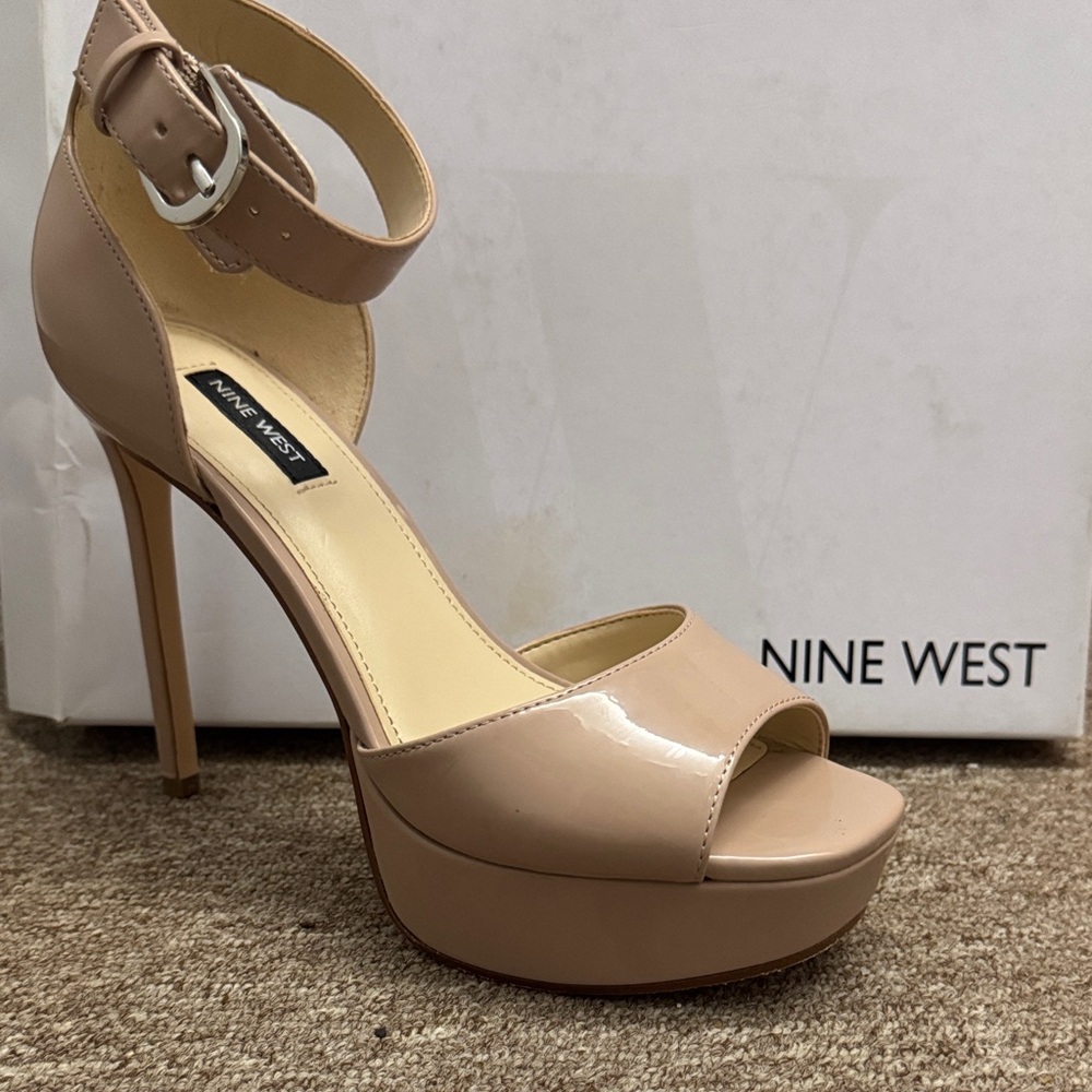 Nine West Nude Patent Platform Ankle-Strap Heel